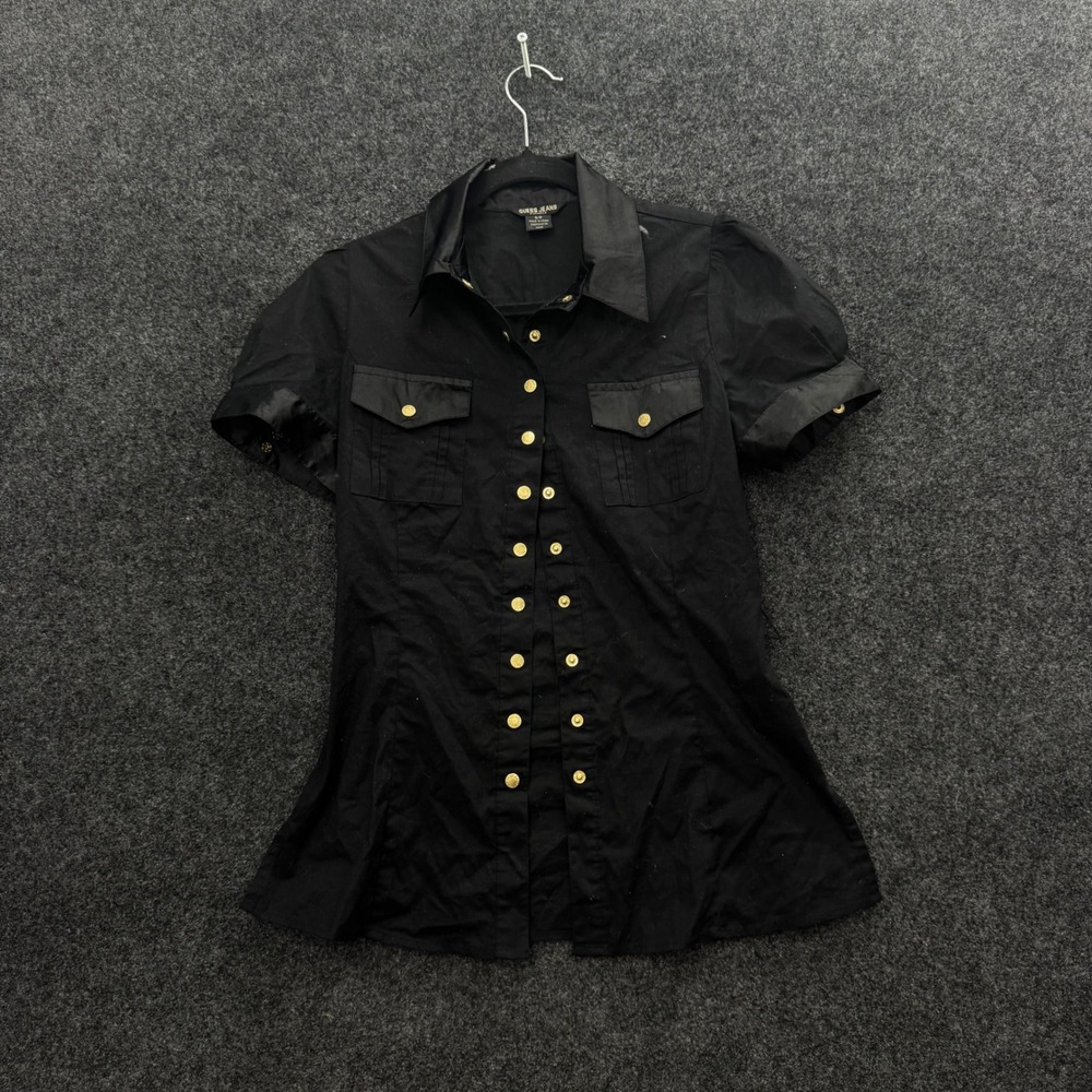 Vintage Guess Jeans Black Short Sleeve Button Up Top Gold Buttons Satin Trim S